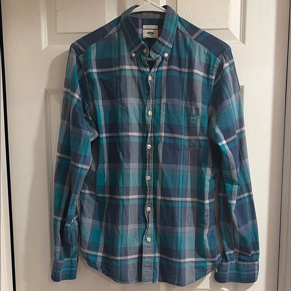 Old Navy Men's Blue Green Plaid Slim Fit Shirt Small